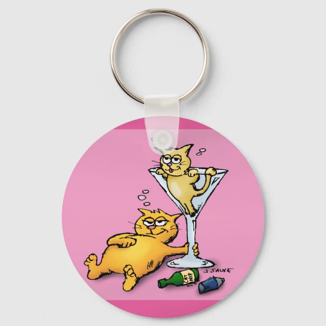 Kocktails & Kittens Rosa Tecknad Keychain Nyckelring (Framsida)