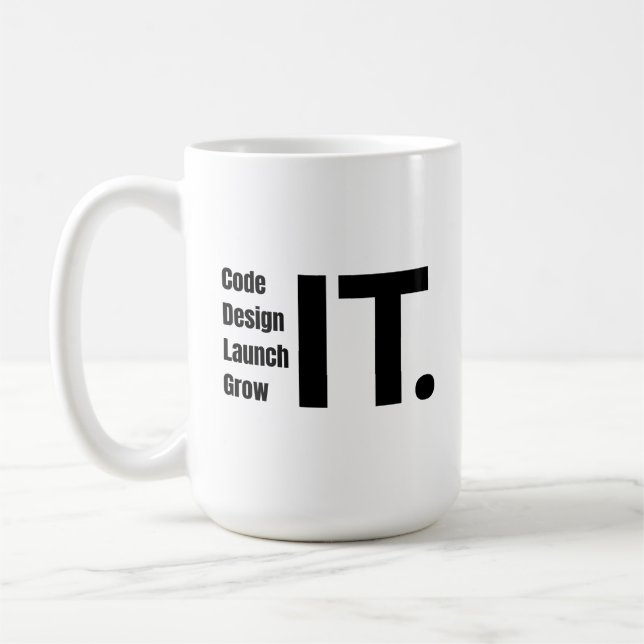 Kod, design, start, tillväxt - inspirationsteknolo kaffemugg (Vänster)