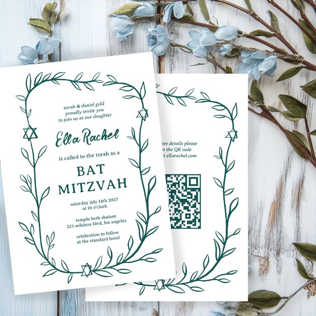 Kod för Bat mitzvah ANPASSNINGSBAR QR för ömtålig  Inbjudningar (Delicate Botanical Bar Bat Mitzvah CUSTOM QR Code Invitation
)