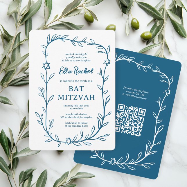 Kod för Bat mitzvah ANPASSNINGSBAR QR för ömtålig  Inbjudningar (Delicate Botanical Bar Bat Mitzvah CUSTOM QR Code Invitation
)