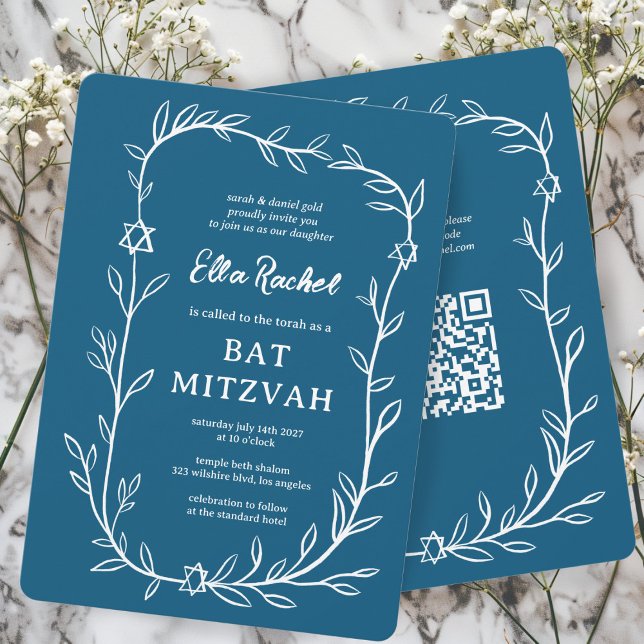 Kod för Bat mitzvah ANPASSNINGSBAR QR för ömtålig  Inbjudningar (Delicate Botanical Bar Bat Mitzvah CUSTOM QR Code Invitation Blue White Hand Drawn Elegant
)
