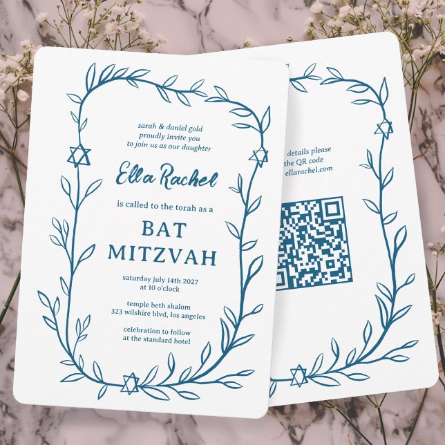 Kod för Bat mitzvah ANPASSNINGSBAR QR för ömtålig  Inbjudningar (Delicate Botanical Bar Bat Mitzvah CUSTOM QR Code Invitation
Blue White Doodle Sketch Hand Drawn)
