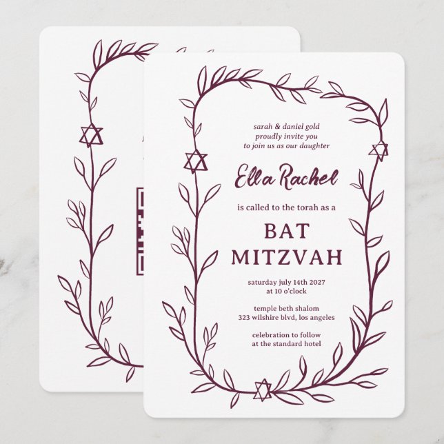 Kod för Bat mitzvah ANPASSNINGSBAR QR för ömtålig  Inbjudningar (Fram/baksida)