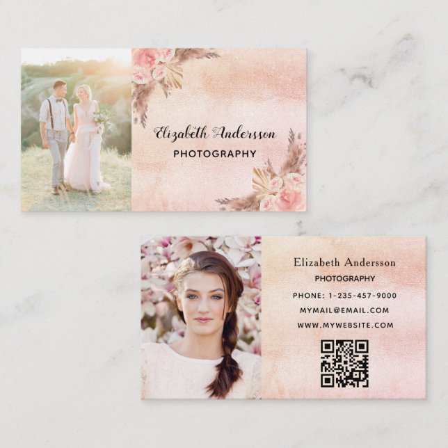 Kod för bröllop-fotograf pampas-gräs QR Visitkort (Fram/baksida)