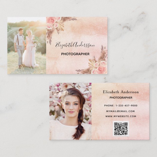 Kod för bröllop-fotograf pampas-gräs QR Visitkort (Fram/baksida)