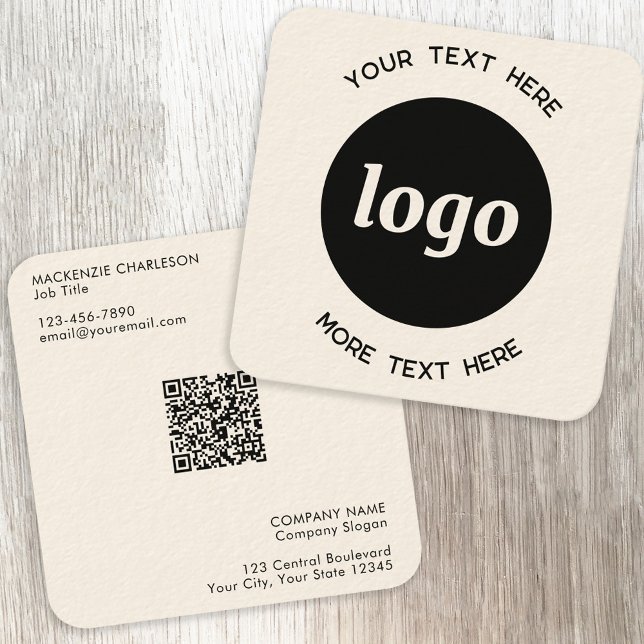 Kod för enkel Logotyp och text QR Fyrkantigt Visitkort (Simple logo QR code with custom text business branding promotional professional business card)