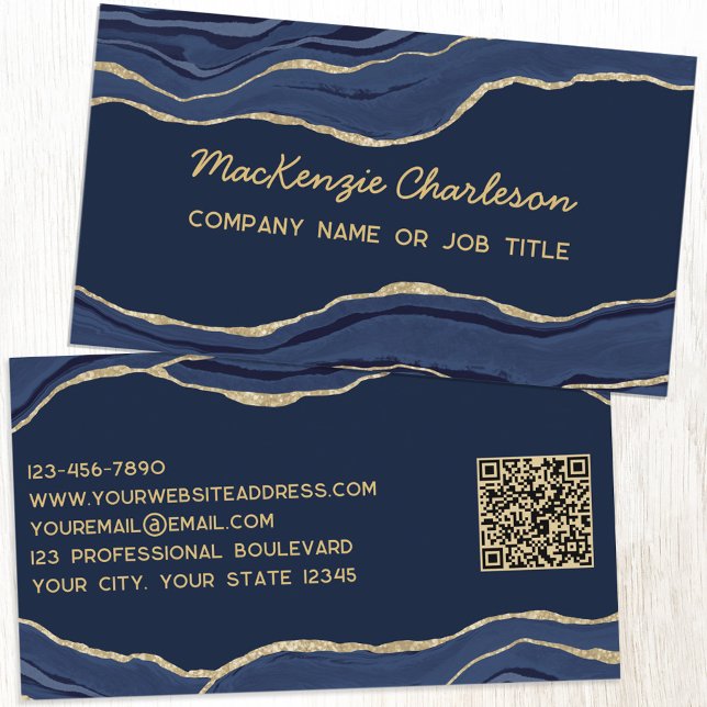 Kod för marmor (blått marble Agate) Guld Glitter Q Visitkort (Navy blue gold agate geode script font elegant business card with QR code)