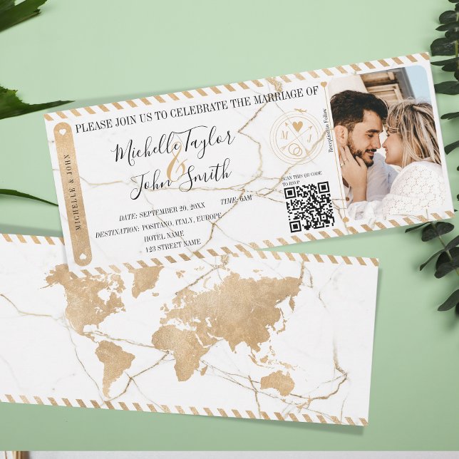 Kod för ombordstigningstillstånd för Guld vid dest Inbjudningar (gold world map and marble boarding pass invitation)