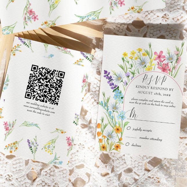 Kod för Wildblomskorgen Bröllop QR OSA Kort (RSVP card with traditional form and online rsvp QR code - Wildflower Meadow collection)