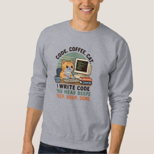 Kod Kaffe Katt Programmerare Humor Illustration Lång Ärmad Tröja
