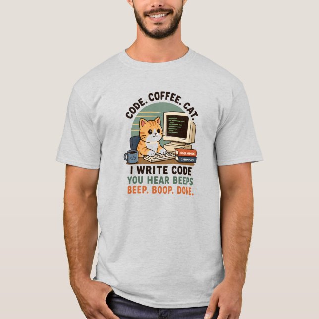 Kod Kaffe Katt Programmerare Humor Illustration T Shirt (Framsida)