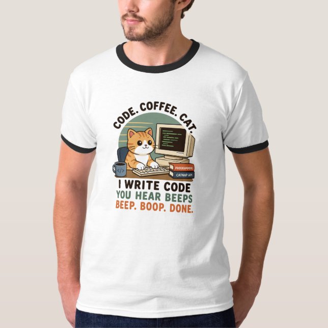 Kod Kaffe Katt Programmerare Humor Illustration T Shirt (Framsida)