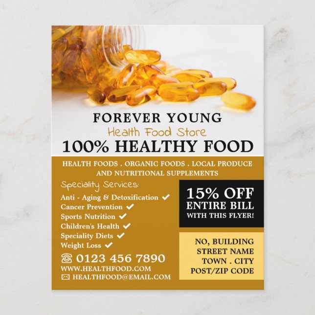 Kod-leverolja, reklam för livsmedelslager i hälsot flygblad (Framsidan)