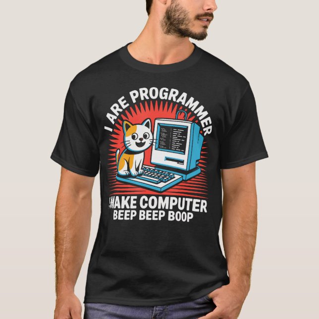 Kodare Programmerare Katt Dator T Shirt (Framsida)