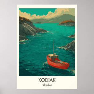 Kodiak Alaska kuststad röd båt Poster