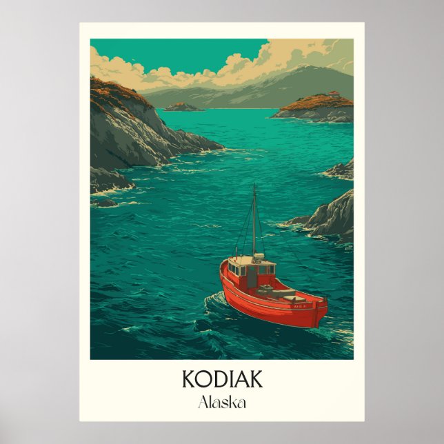 Kodiak Alaska kuststad röd båt Poster (Framsidan)
