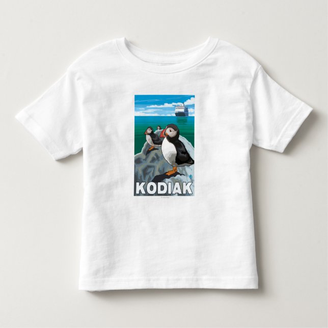 Kodiak, AlaskaPuffins och alaskabo kryssningfrakt T-shirt (Framsida)