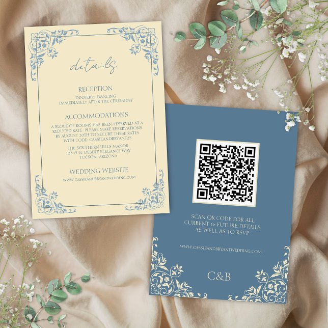 Kodinformationskort för knappbeskrivning QR-Gult Inbjudningar (Elegant butter yellow and dusty blue formal elegant vintage wedding details enclosure cards inserts)
