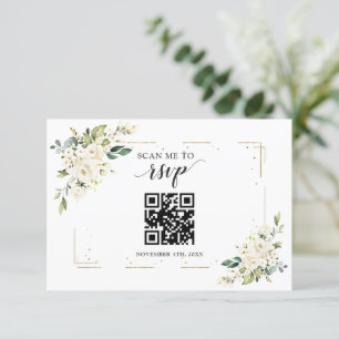 Kodkort för Charme White Blommigt Guld QR-Bröllop OSA Kort