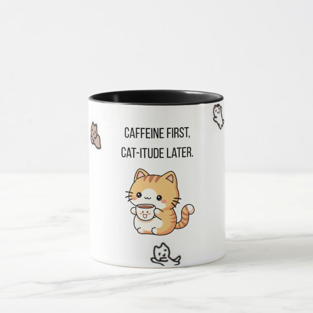 Koffein först, katt-attityd senare | Rolig kattkaf Mugg (Center)