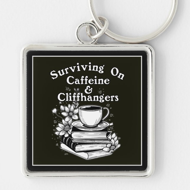 Koffein Och Cliffhangers Fyrkantig Silverfärgad Nyckelring (Framsidan)