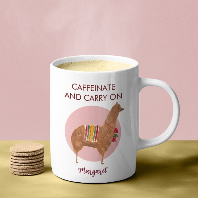 Koffeinera Fortsätt Llama Alpaca Handritat Djur Kaffemugg (This cute, elegant personalized alpaca / llama mug features original hand-drawn artwork.)
