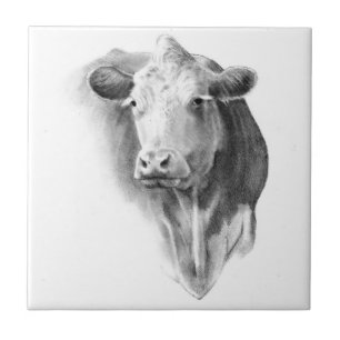 Kohuvud med blyerts: Realismkonst: Lantgård land Kakelplatta