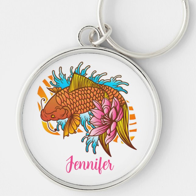 Koi Asian Goldfish Colorful Keychain Personlig Rund Silverfärgad Nyckelring (Framsidan)