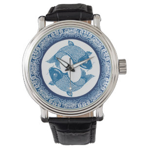 Koi Carp Fish Chinoiserie Blue Mönster Armbandsur