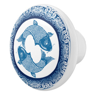 Koi Carp Fish Chinoiserie Blue Mönster Knopp