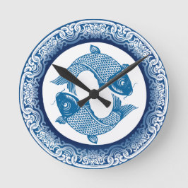Koi Carp Fish Chinoiserie Blue Mönster Rund Klocka