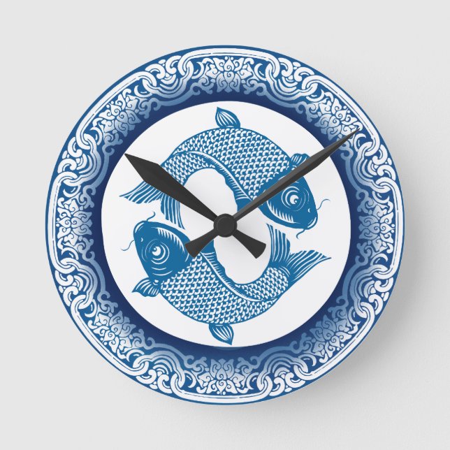 Koi Carp Fish Chinoiserie Blue Mönster Rund Klocka (Framsida)