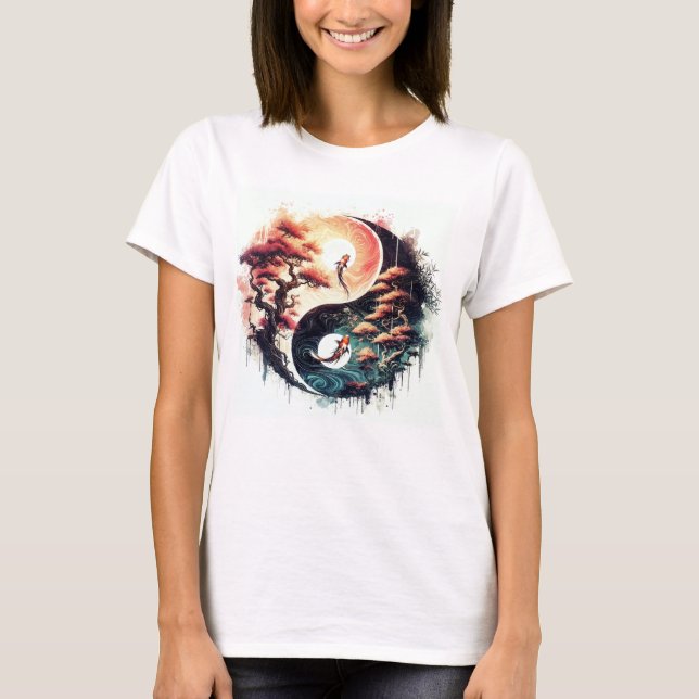 Koi Fish and Cherry Blossom Yin Yang T Shirt (Framsida)