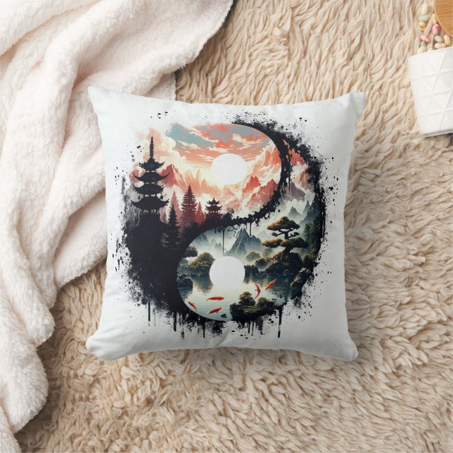 Koi Fish and Temple Yin Yang Kudde (Filt)