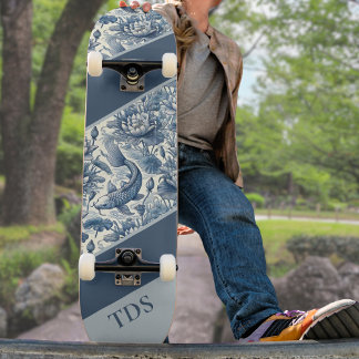 Koi Fish and Water Lily Blue Chinoiserie Monogram Mini Skateboard Bräda 18,5 Cm