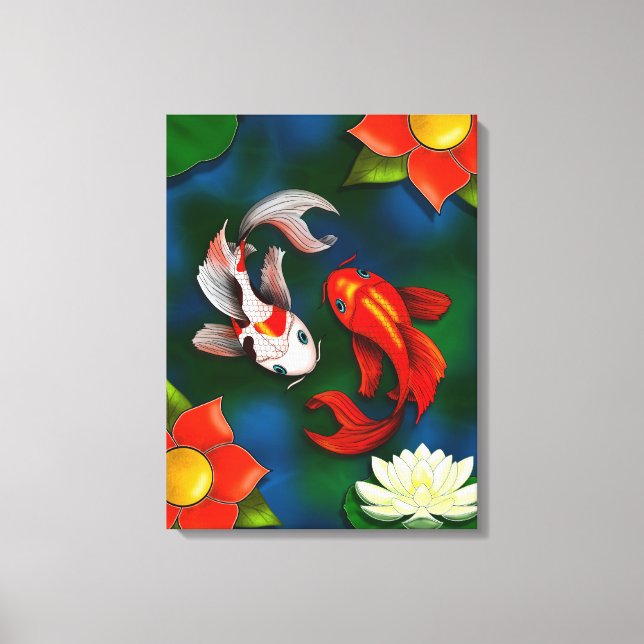 Koi fish and White Lotus Lily Pad Pond Canvastryck (Framsida)