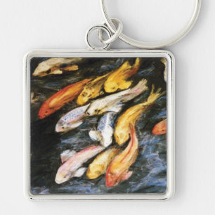 Koi Fish Art Painting Pendant Keychains Fyrkantig Silverfärgad Nyckelring