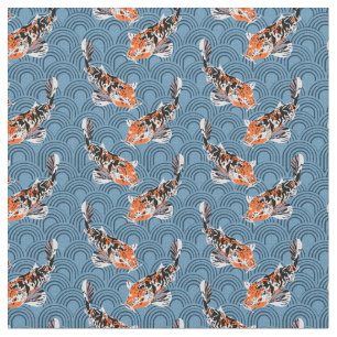 Koi Fish Illustrations on Blue Patterned Tyg