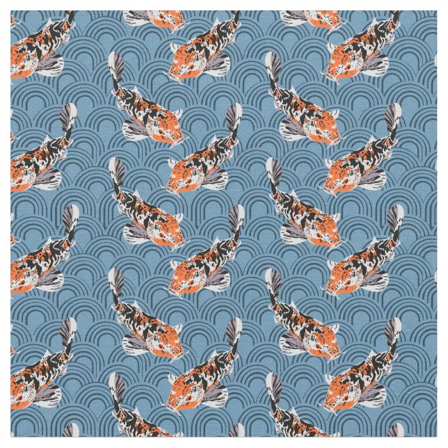 Koi Fish Illustrations on Blue Patterned Tyg (Närbild)