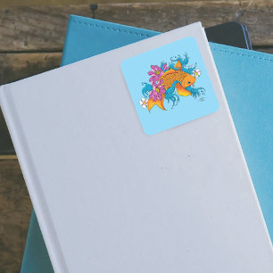 Koi Fish Lotus Cherry Blommars Fyrkantigt Klistermärke