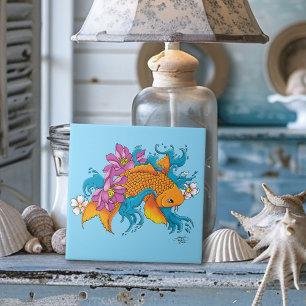 Koi Fish Lotus Chery Blossoms Kakelplatta