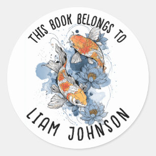 Koi Fish Lotus Sticker Bakåtriktad skoletikett Runt Klistermärke