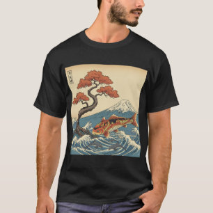 Koi Fish Ocean med delfiner och bergsjapanska T Shirt