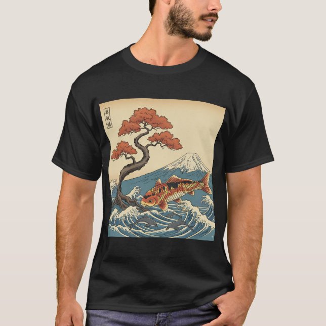 Koi Fish Ocean med delfiner och bergsjapanska T Shirt (Framsida)