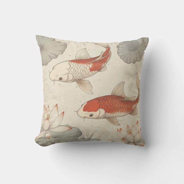 Koi Fish och Lotus Japansk Pillow Kudde (Framsida)