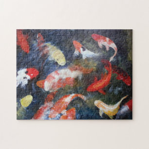 Koi Fish Pond, Abstrakt, Oljemålning Skriv ut Pussel
