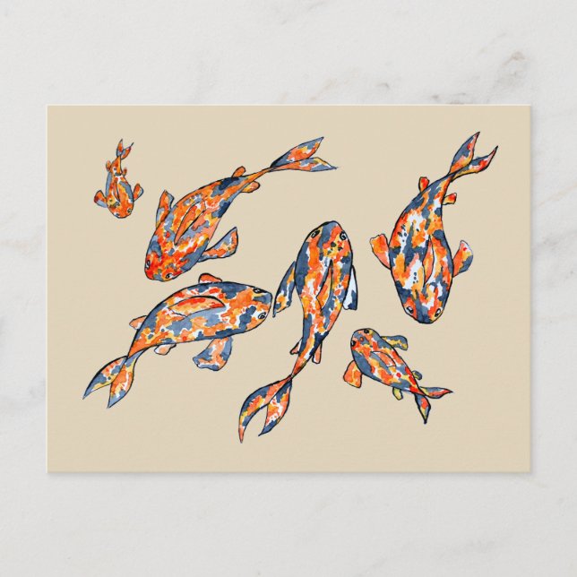 Koi Fish Pond beige Watercolor Postcard Vykort (Framsida)