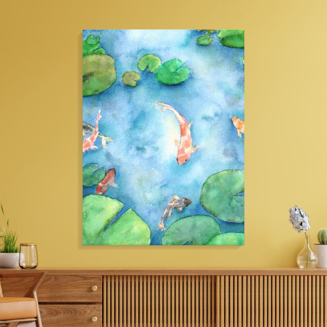 Koi Fish Pond watercolor Canvastryck (Insitu (Vardagsrum))
