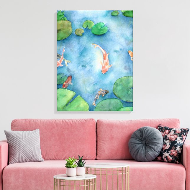 Koi Fish Pond watercolor Canvastryck (Insitu (Vardagsrum))