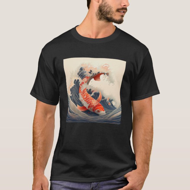 Koi Fish simmande i en japansk underbar våg i stil T Shirt (Framsida)